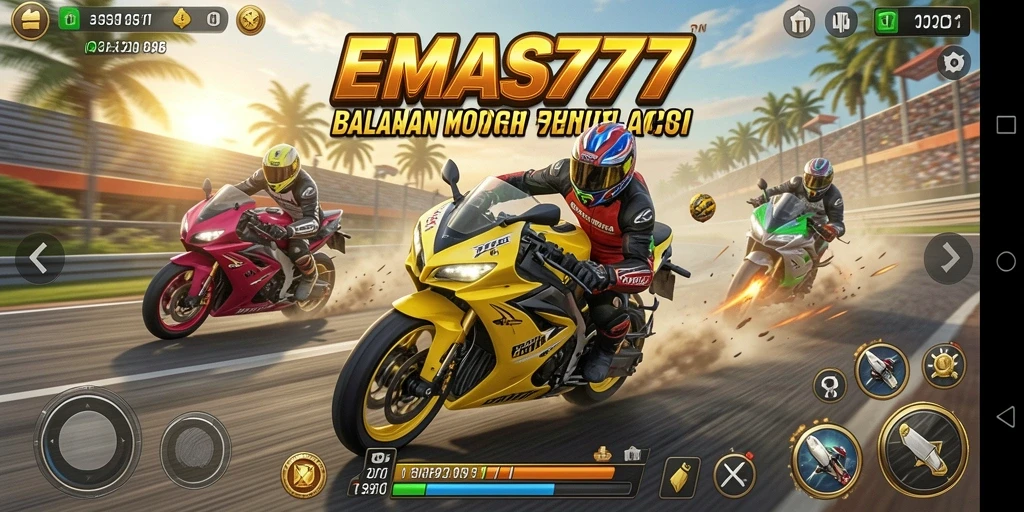 Tampilan seru gameplay EMAS777 dalam balapan motor yang mendebarkan.