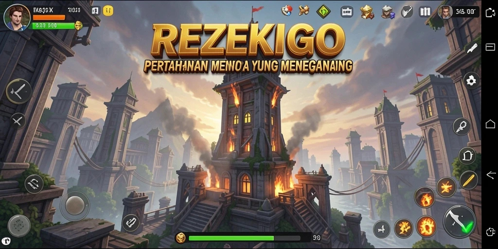 Screenshot menunjukkan gameplay menara pertahanan yang intens dan dramatis.