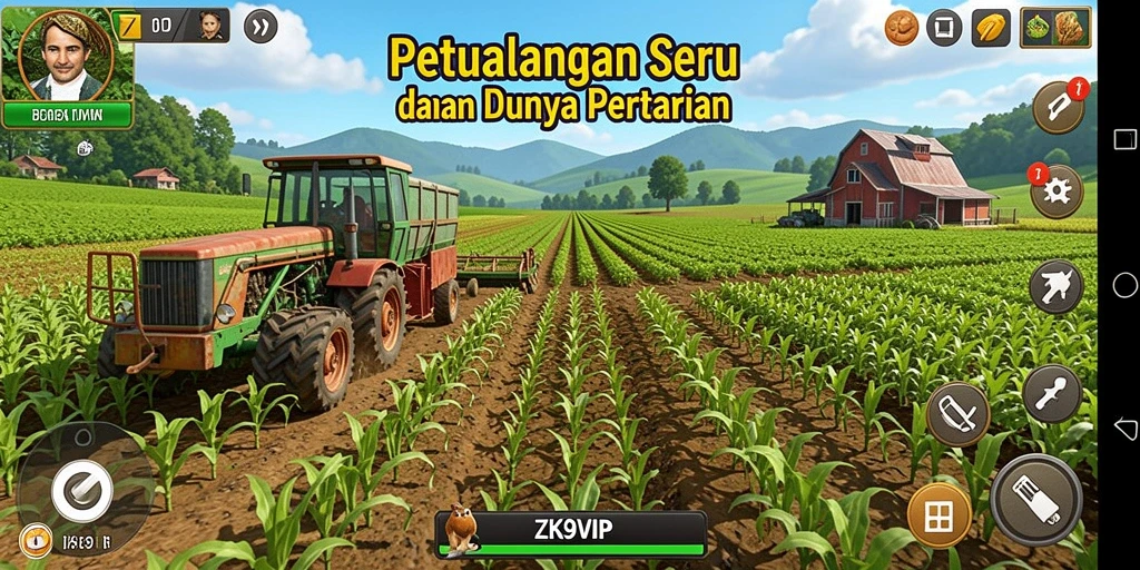 Screenshot ZK9VIP menunjukkan berbagai aktivitas pertanian yang seru.
